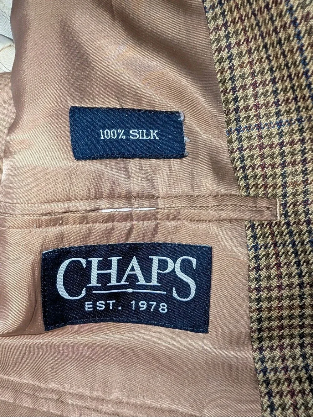 Chaps Blazer Sport Coat Silk Herringbone Beige Tan Brown 46R